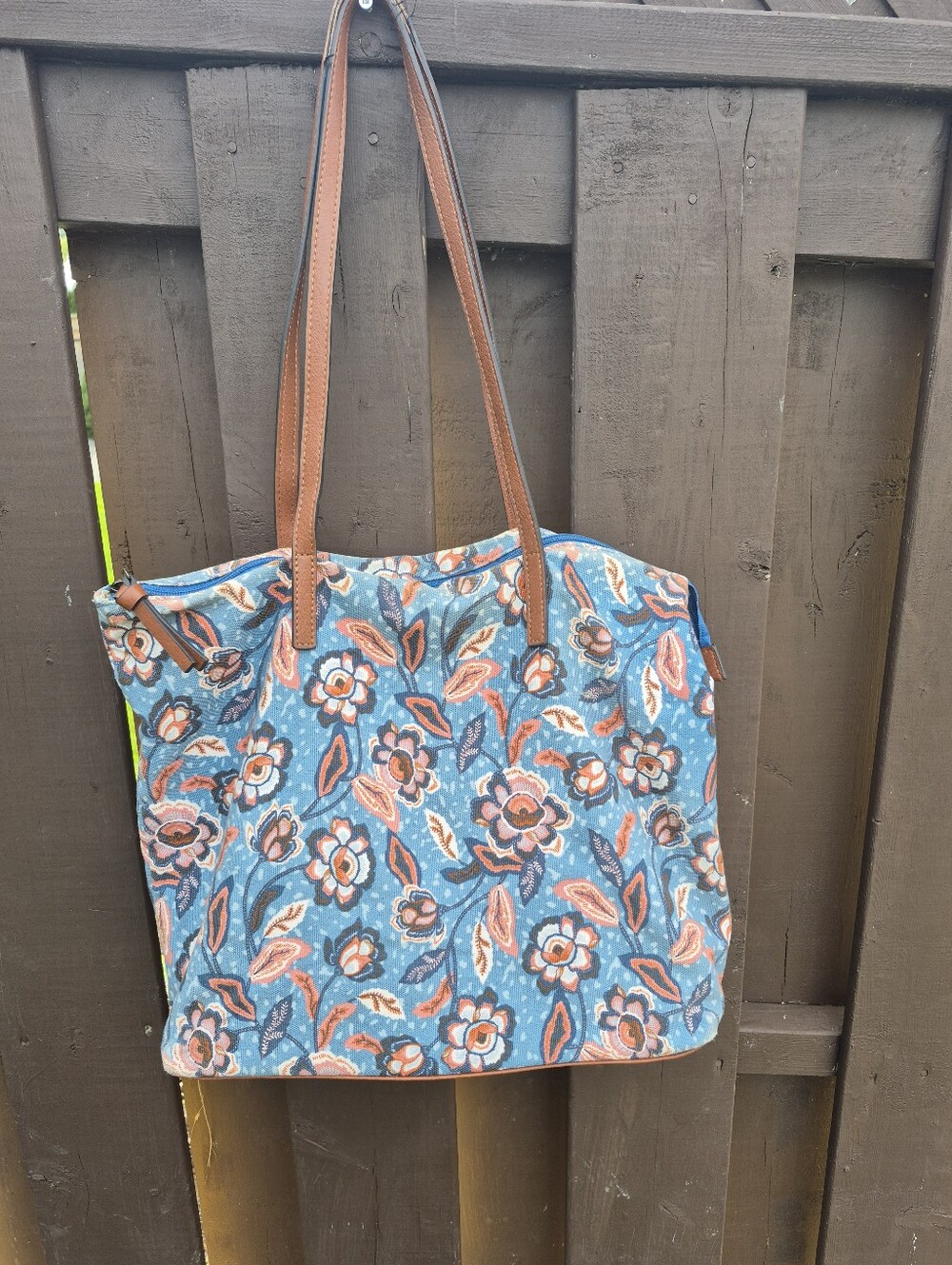 Sonoma Goods for Life Floral Cotton Tote Bag Brown Faux Leather Trim Zipper